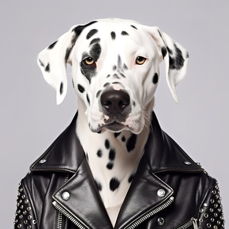 Dalmatian dog in a leather jacket. Studio shot.の素材