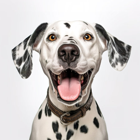 Close-up portrait of a Dalmatian dog on white backgroundの素材