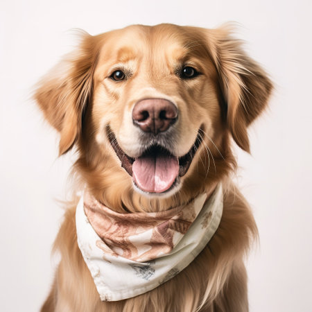 Cute Golden Retriever with a scarf on a white backgroundの素材