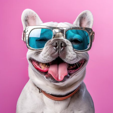 Funny French Bulldog dog wearing blue sunglasses on pink background.の素材