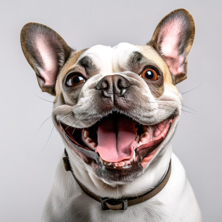 French bulldog with open mouth. Studio shot on grey background.の素材