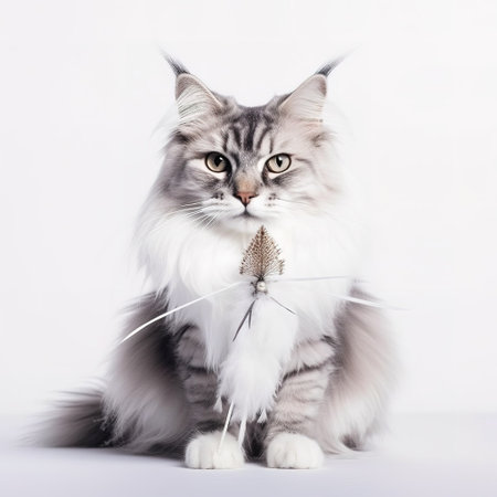Maine Coon cat with a feather on a white background.の素材