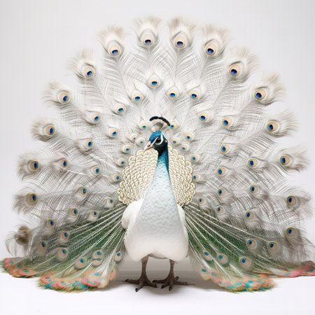 Beautiful peacock isolated on white background, closeup of photoの素材