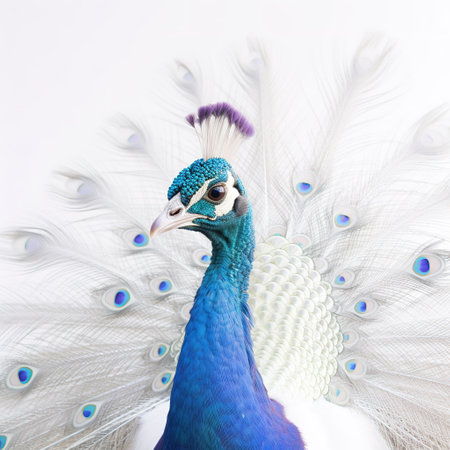 Beautiful peacock with feathers on white background, close-upの素材
