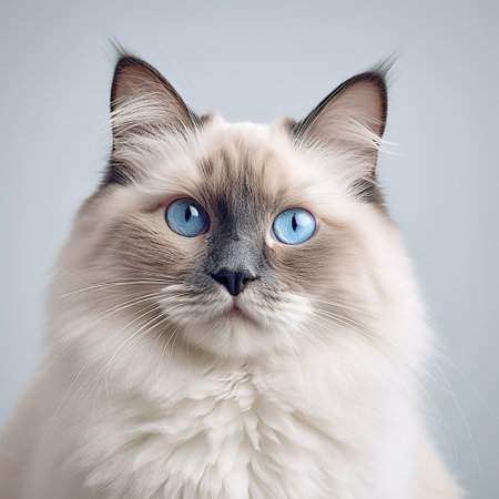 Portrait of a ragdoll cat with blue eyes on gray backgroundの素材