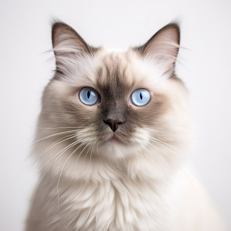 Portrait of a ragdoll cat with blue eyes on white backgroundの素材