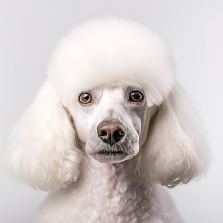 Portrait of a poodle with white fur. Studio shot.の素材