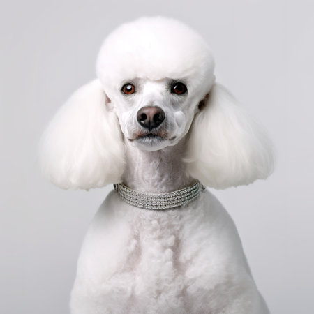 Portrait of a white poodle in a studio on a gray backgroundの素材