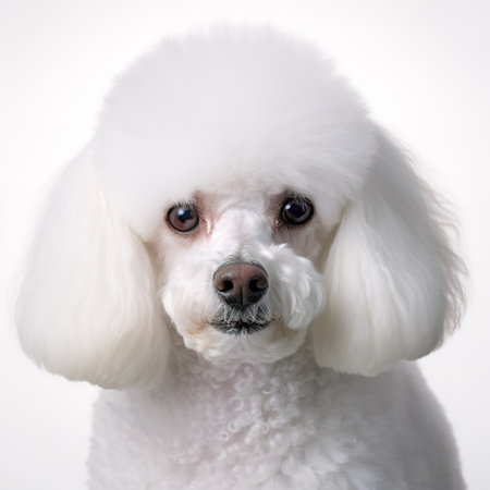 Portrait of a white poodle isolated on a white background.の素材