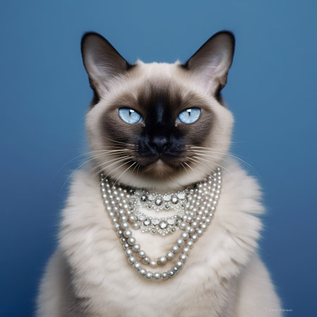 Portrait of a beautiful siamese cat wearing a pearl necklaceの素材