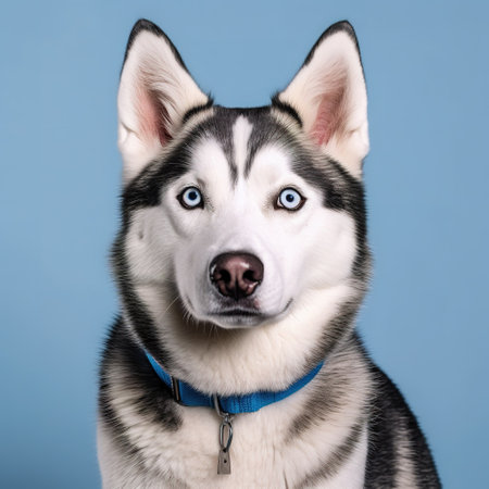 Portrait of siberian husky with blue eyes on blue backgroundの素材