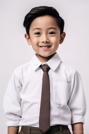 Portrait of happy asian boy in school uniform on white backgroundの素材