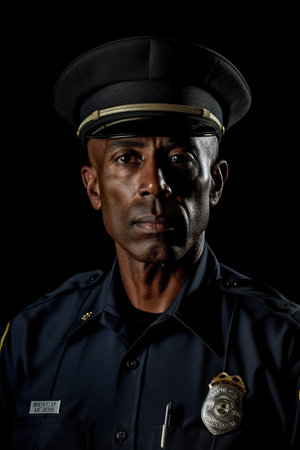 Portrait of African American police officer standing against black background in studioの素材
