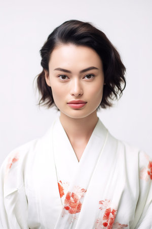 Portrait of beautiful young woman in kimono on white backgroundの素材