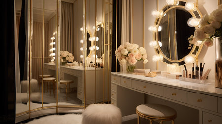 Luxury interior of a dressing room with mirror and make up productsの素材