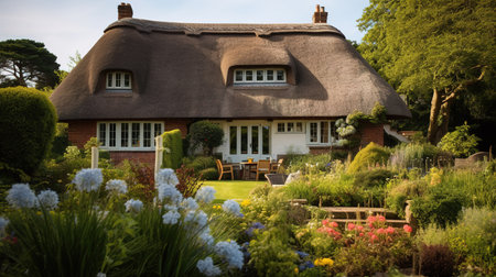 Traditional English cottage with thatched roof in a garden in England.の素材
