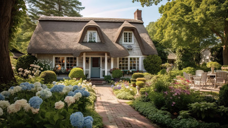 Old house in the garden with blue hydrangeas and treesの素材