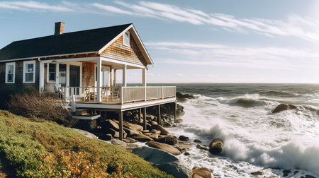 Panoramic view of a wooden house on a rocky beach.の素材