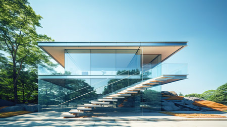 3d render of modern house exterior with stairs and terrace.の素材