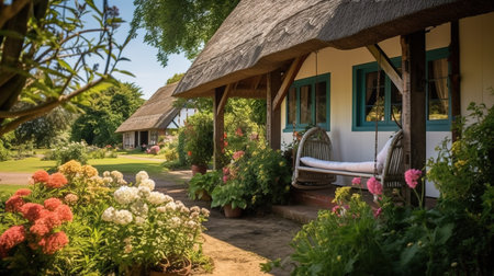 Beautiful view of the garden in front of the house with thatched roofの素材