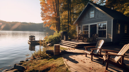 Wooden cottage on the shore of the lake in the autumn forestの素材