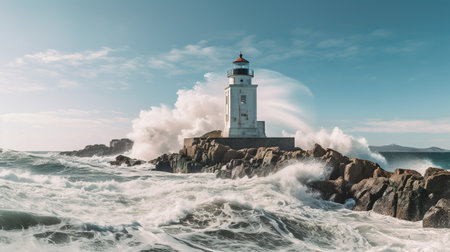 Lighthouse on the rocky coast of the Atlantic ocean. Toned.の素材