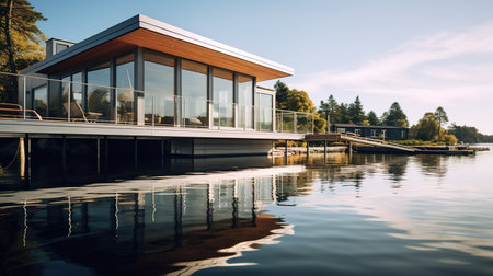 Modern house on a lake with reflection in water. Architectural background.の素材