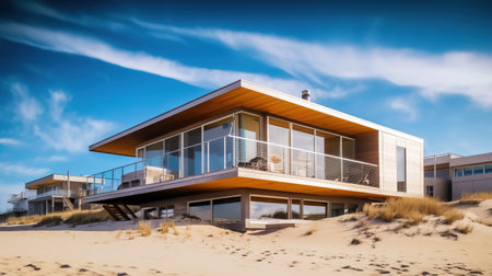Modern house on the sand dunes with blue sky in the backgroundの素材