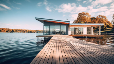 Luxury house on the lake. Wooden floor and beautiful sky.の素材