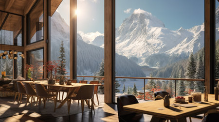 Beautiful view of the mountains and the dining room. 3d renderingの素材