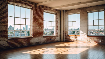 Empty room with brick walls, wooden floor and window with city viewの素材