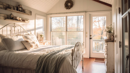Interior of a rustic bedroom with white walls and wooden floorの素材