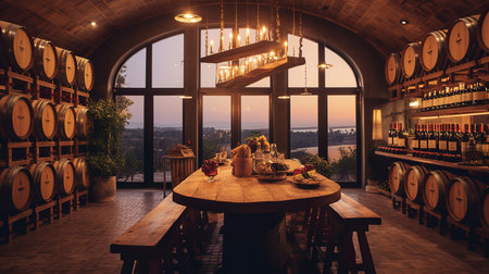 Wine cellar with wine bottles and glasses. Wine tasting concept.の素材