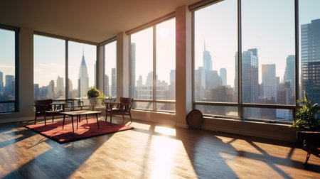 Modern living room interior with a panoramic view of New York.の素材