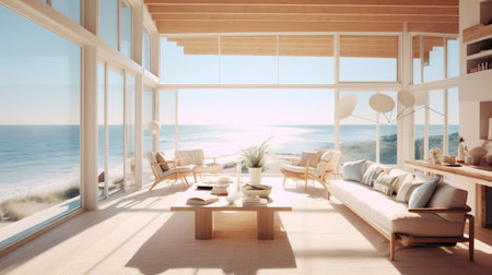 Modern living room with sea view. 3d rendering mock up toned imageの素材