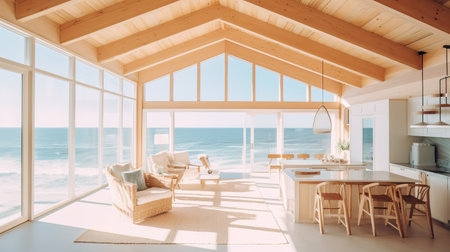 Interior of modern attic living room with sea view and wooden ceilingの素材
