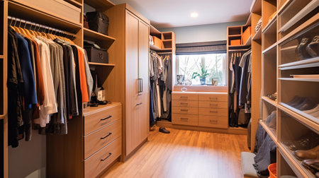 Closet with clothes and accessories in a modern dressing room.の素材