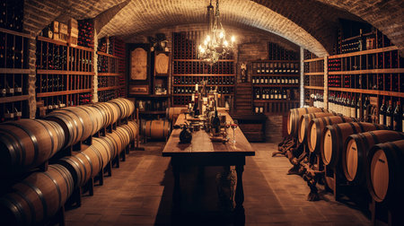 Wine cellar interior with bottles of red wine and wooden barrels.の素材