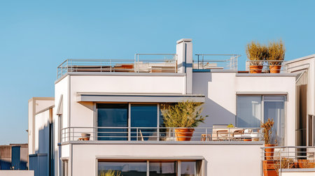 Architecture details of modern white house with terrace and balconyの素材