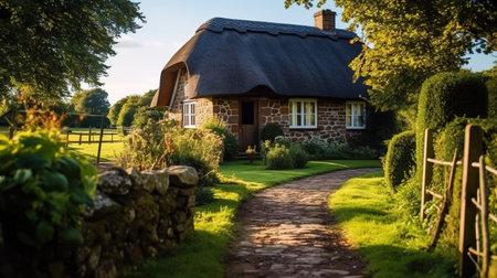 Traditional cottage with thatched roof in the countryside of England, UKの素材
