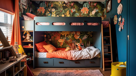 Children's room with a bunk bed and a wooden bedside tableの素材