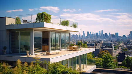 Modern office building on the background of the city skyline. Business concept.の素材