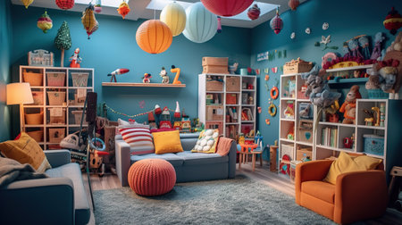 Interior of kids room with toys and toys. Kids room with sofa, chair, toys and toys.の素材