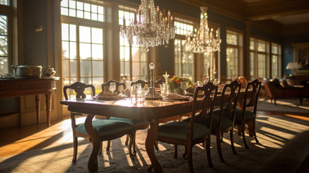 Elegant dining room with wooden table, chairs and tableclothの素材