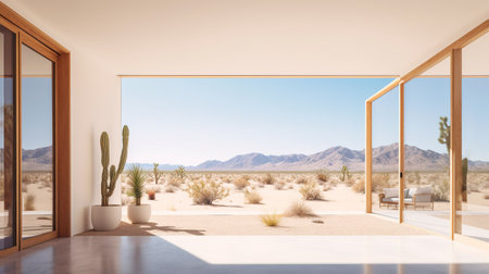 Modern house interior with panoramic window and desert view. 3D Renderingの素材