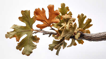 Oak branch with dry leaves on a white background, close-upの素材