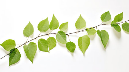Green leaves on white background. Flat lay, top view, copy spaceの素材