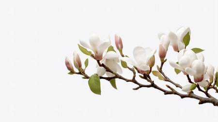 Magnolia flowers on a branch isolated on white background with copy spaceの素材