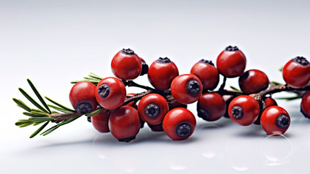 Branch with red berries of hawthorn on a white backgroundの素材