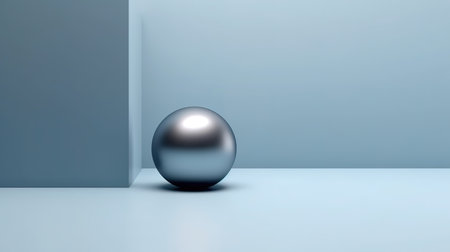 3d rendering of a silver ball standing in a room with blue wallの素材